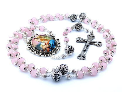 Our Lady's Fiat unique rosary beads with pink glass tigers eye beads, silver pater beads, pewter crucifix and silver picture centre medal.