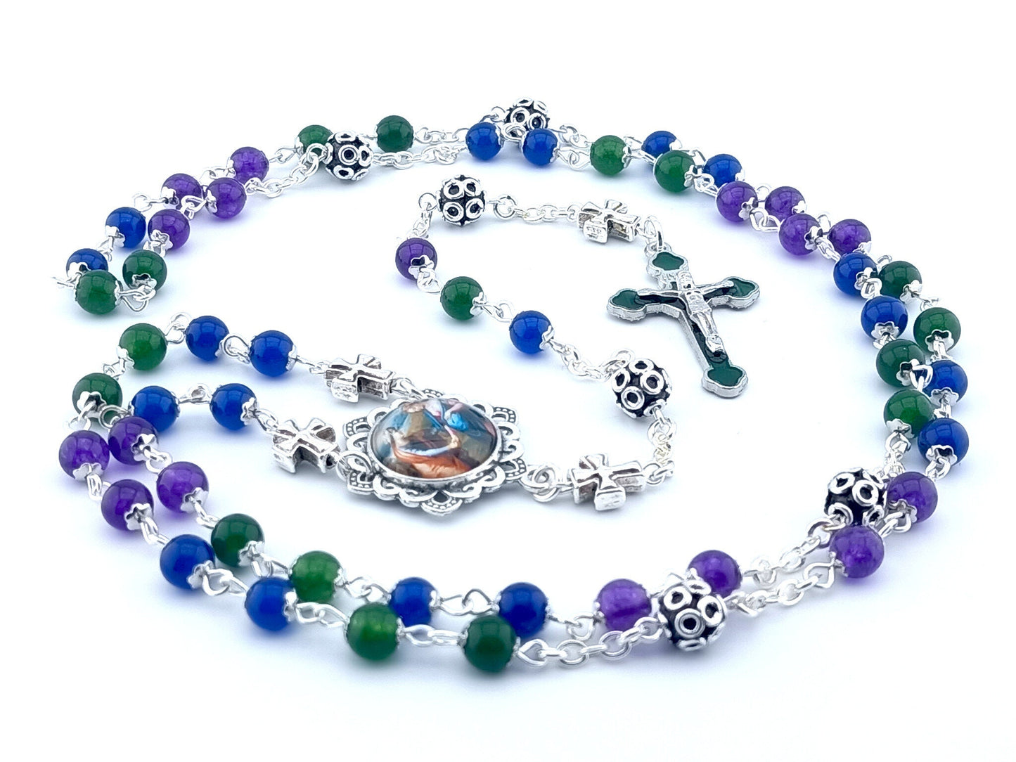 The Visitation unique rosary beads with multi coloured agate gemstone beads, silver pater beads and picture centre medal and silver and green enamel crucifix.