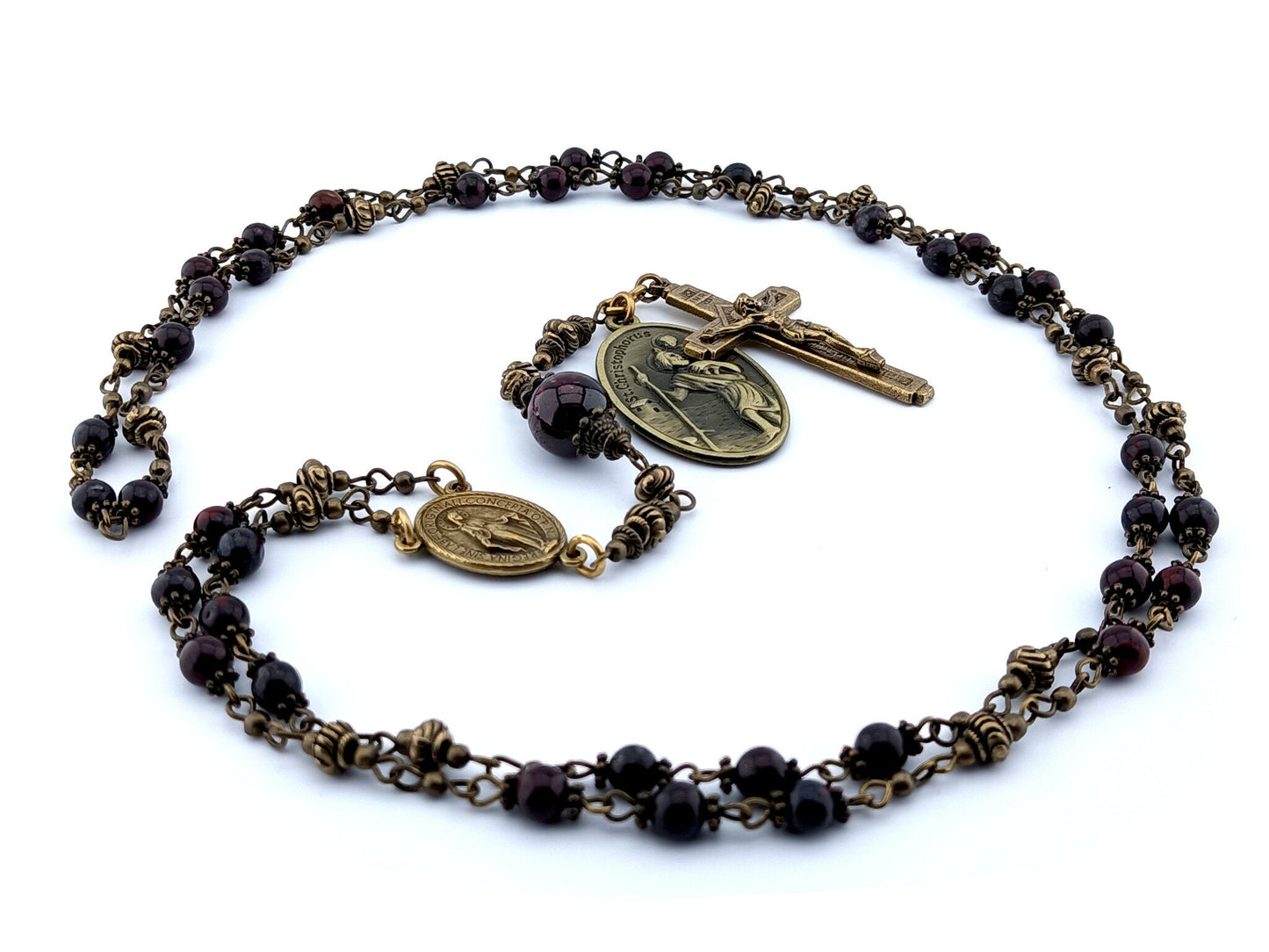 Saint Anthony unique rosary beads prayer chaplet with dark red gemstone beads, bronze crucifix, centre miraculous medal and Saint Christopher medal.