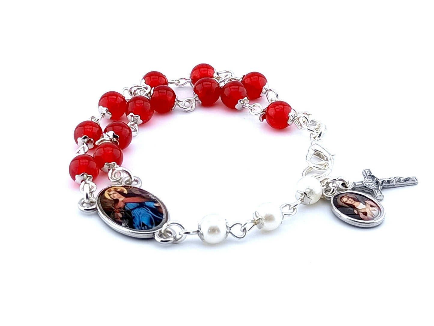 Saint Philomena unique rosary beads prayer chaplet bracelet with red jasper and white beads, silver lobster clasp and picture medals.