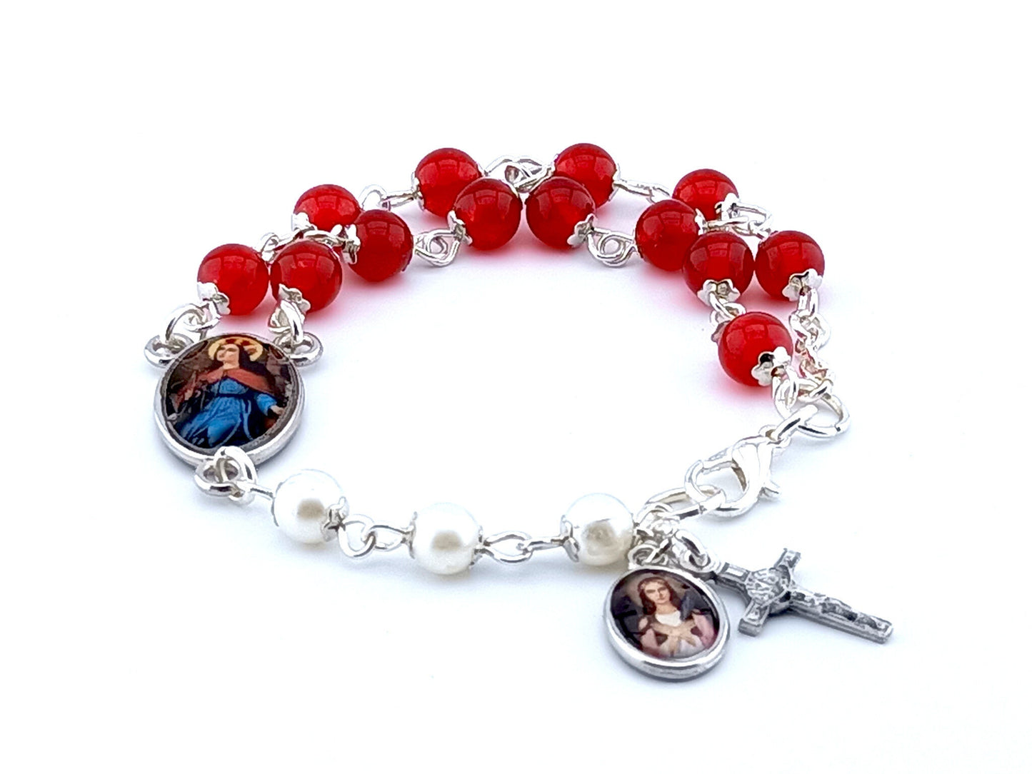 Saint Philomena unique rosary beads prayer chaplet bracelet with red jasper and white beads, silver lobster clasp and picture medals.