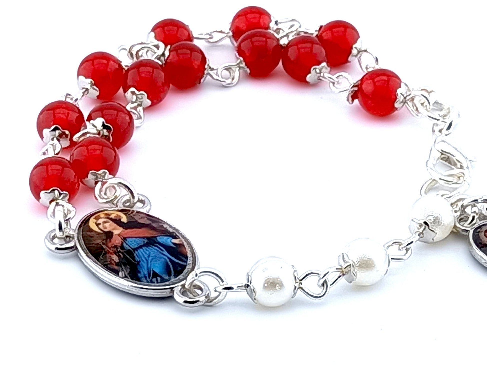 Saint Philomena unique rosary beads prayer chaplet bracelet with red jasper and white beads, silver lobster clasp and picture medals.