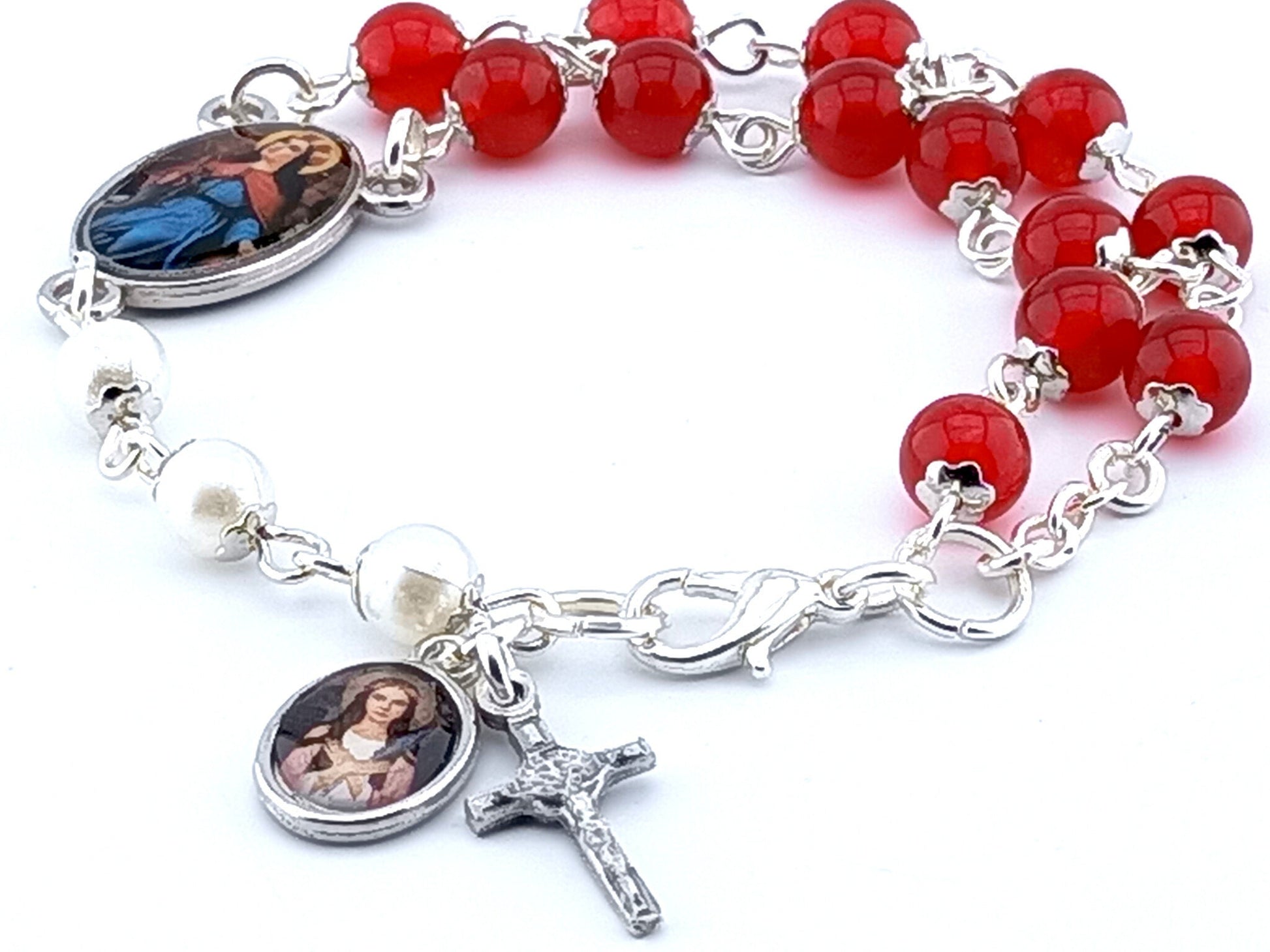 Saint Philomena unique rosary beads prayer chaplet bracelet with red jasper and white beads, silver lobster clasp and picture medals.