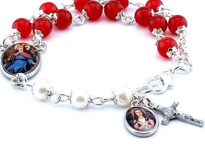 Saint Philomena unique rosary beads prayer chaplet bracelet with red jasper and white beads, silver lobster clasp and picture medals.