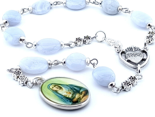Our Lady of Sorrows unique rosary beads prayer chaplet with blue agate beads, silver Sacred Heart centre medal and picture end medal.