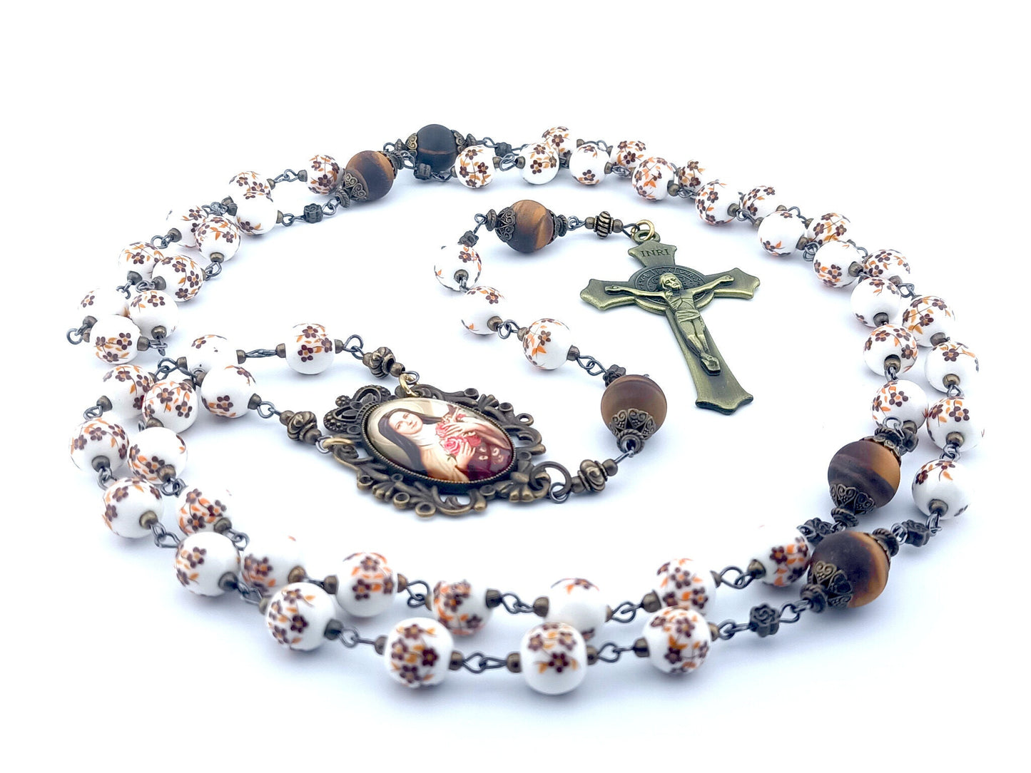 Saint Therese of Lisieux unique rosary beads with porcelain and tigers eye beads, bronze crucifix and picture centre medal.