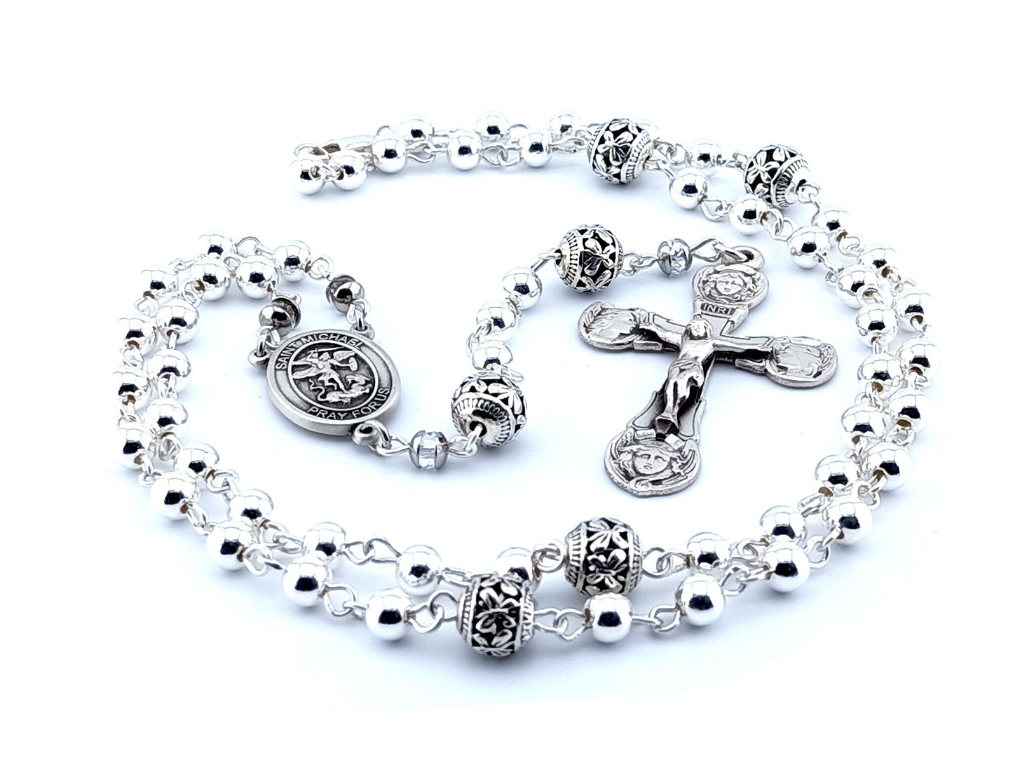 Saint Michael unique rosary beads genuine 925 sterling silver rosary with sterling silver beads, crucifix, centre medal and wire.