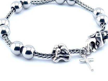 Mother and Child unique rosary beads genuine 925 sterling silver bracelet with stainless steel beads, 925 silver clasp, chain, cross and Mother and child bead.