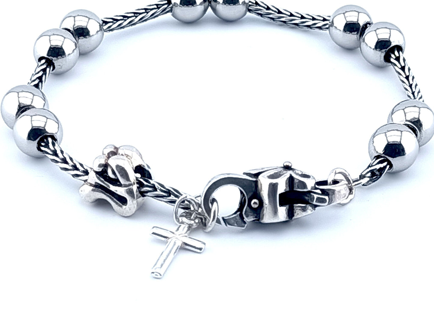 Mother and Child unique rosary beads genuine 925 sterling silver bracelet with stainless steel beads, 925 silver clasp, chain, cross and Mother and child bead.