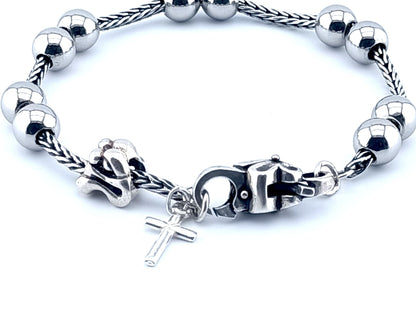 Mother and Child unique rosary beads genuine 925 sterling silver bracelet with stainless steel beads, 925 silver clasp, chain, cross and Mother and child bead.