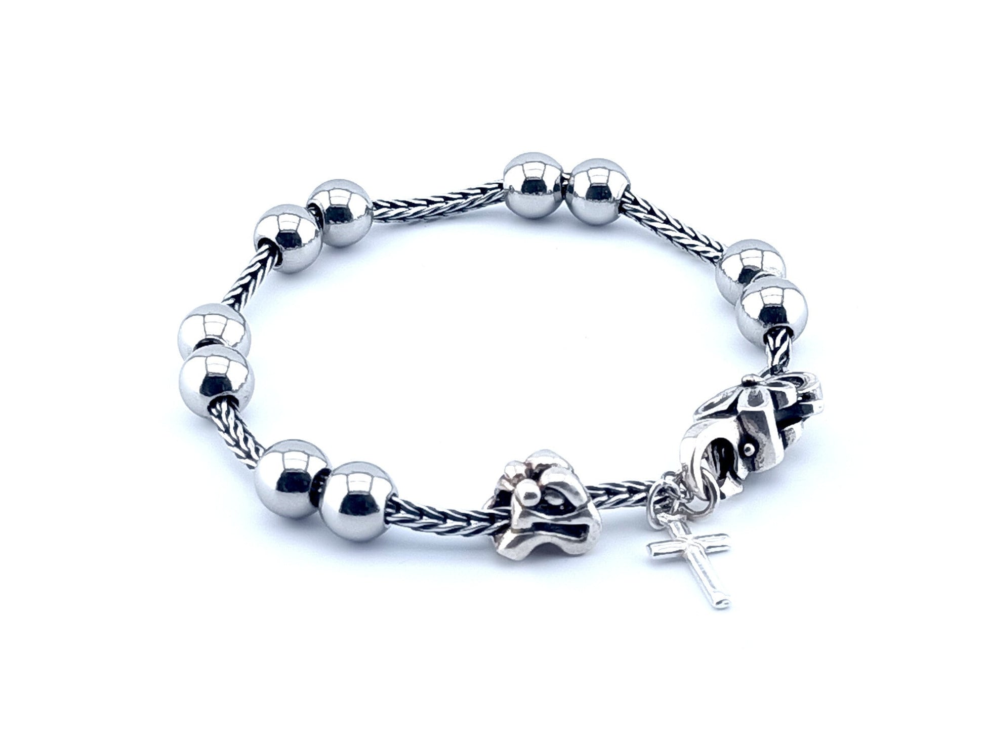 Mother and Child unique rosary beads genuine 925 sterling silver bracelet with stainless steel beads, 925 silver clasp, chain, cross and Mother and child bead.