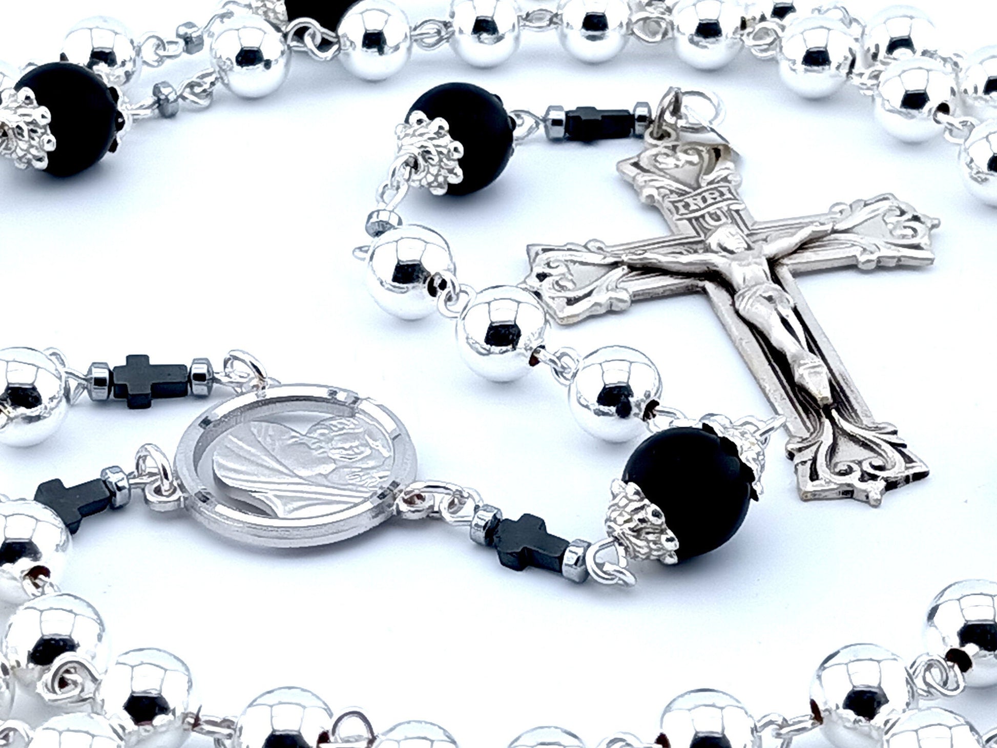 Virgin Mother and Child Jesus unique rosary beads genuine 925 sterling silver rosary with sterling silver beads, crucifix, centre medal and wire.