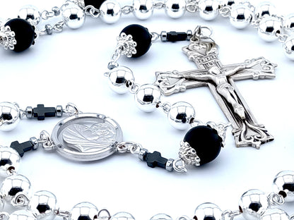 Virgin Mother and Child Jesus unique rosary beads genuine 925 sterling silver rosary with sterling silver beads, crucifix, centre medal and wire.