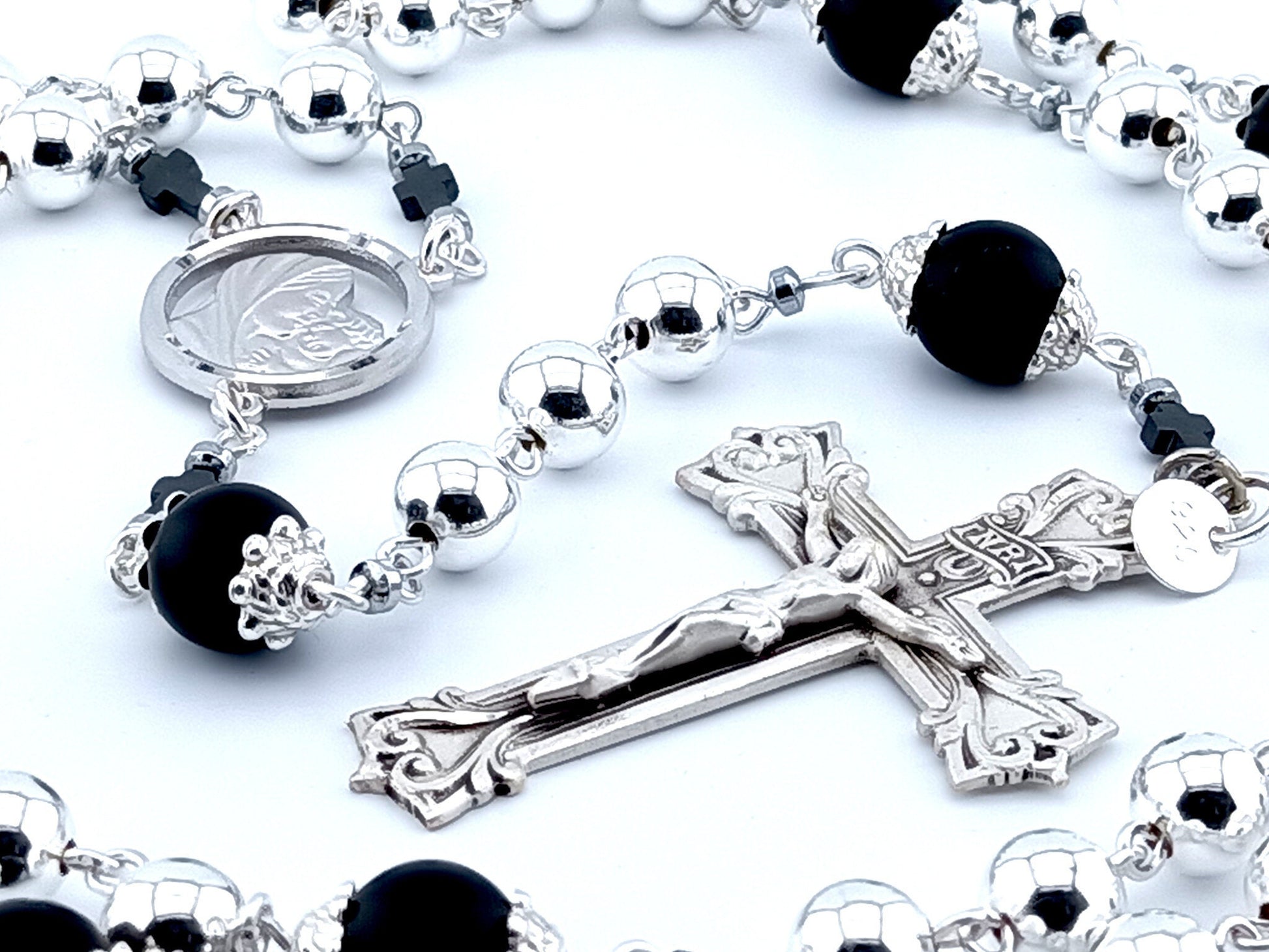 Virgin Mother and Child Jesus unique rosary beads genuine 925 sterling silver rosary with sterling silver beads, crucifix, centre medal and wire.