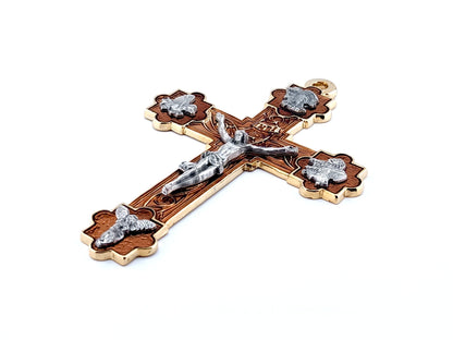 Ornate unique rosary beads 5" wall crucifix or hanging enamel Holy Angels crucifix enamel bronze and gold decorative crucifix.