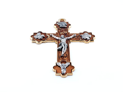 Ornate unique rosary beads 5" wall crucifix or hanging enamel Holy Angels crucifix enamel bronze and gold decorative crucifix.