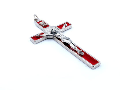 Unique rosary beads red enamel and silver 4.5" Saint Benedict wall crucifix.