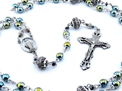 Miraculous medal unique rosary beads with blue green hematite gemstone beads, pewter crucifix and centre medal and silver pater beads.