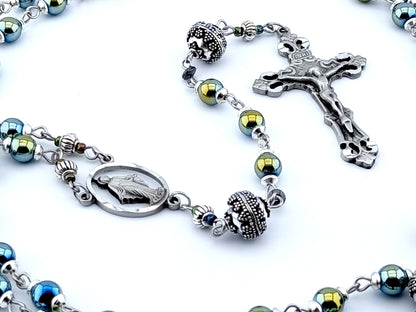 Miraculous medal unique rosary beads with blue green hematite gemstone beads, pewter crucifix and centre medal and silver pater beads.