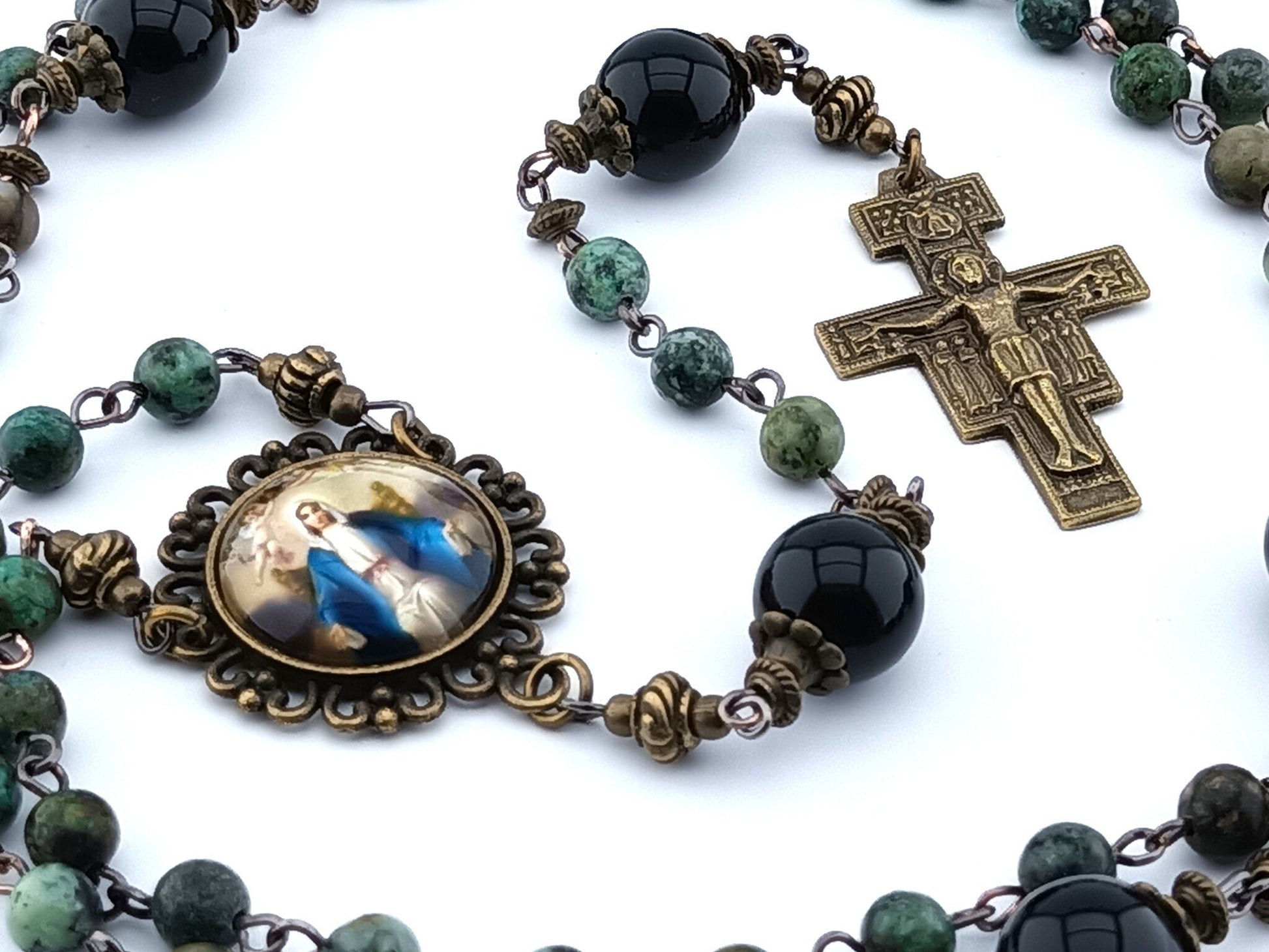 Our Lady Queen of Heaven unique rosary beads with green jasper gemstone beads, onyx pater beads, bronze Saint Francis of Assisi crucifix and picture centre medal.