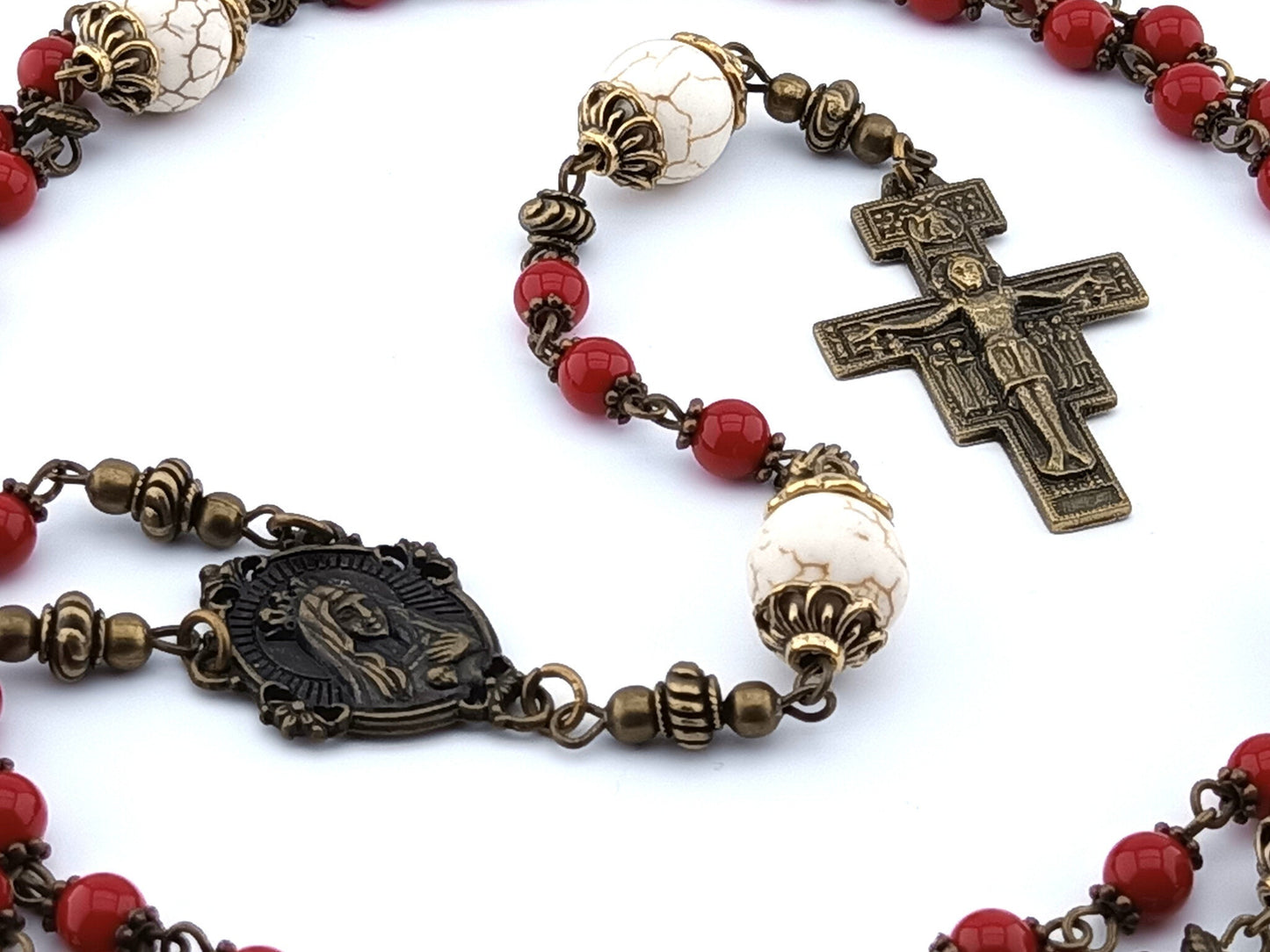 Immaculate Heart of Mary unique rosary beads with red glass beads, gemstone pater beads, bronze Saint Francis of Assisi crucifix and Our Lady centre medal.