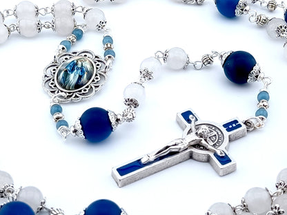 Our Lady of Grace unique rosary beads with opal and blue agate gemstone beads, blue enamel Saint Benedict crucifix, silver bead caps and picture centre medal.