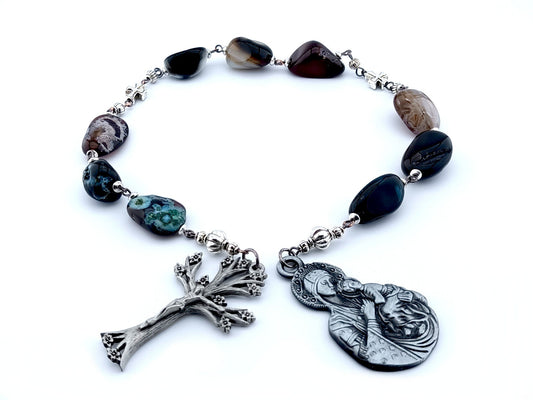 Our Lady of Perpetual Help unique rosary beads prayer chaplet with agate gemstone beads, pewter tree of life crucifix and large end medal.