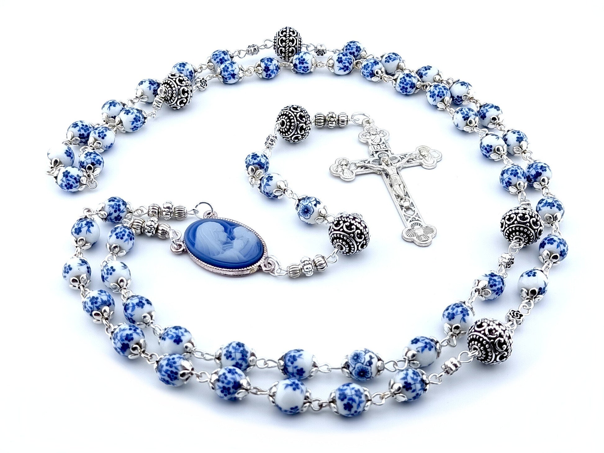 Virgin Mary and Child unique rosary beads with blue floral porcelain beads, silver pater beads, crucifix and cameo centre medal.