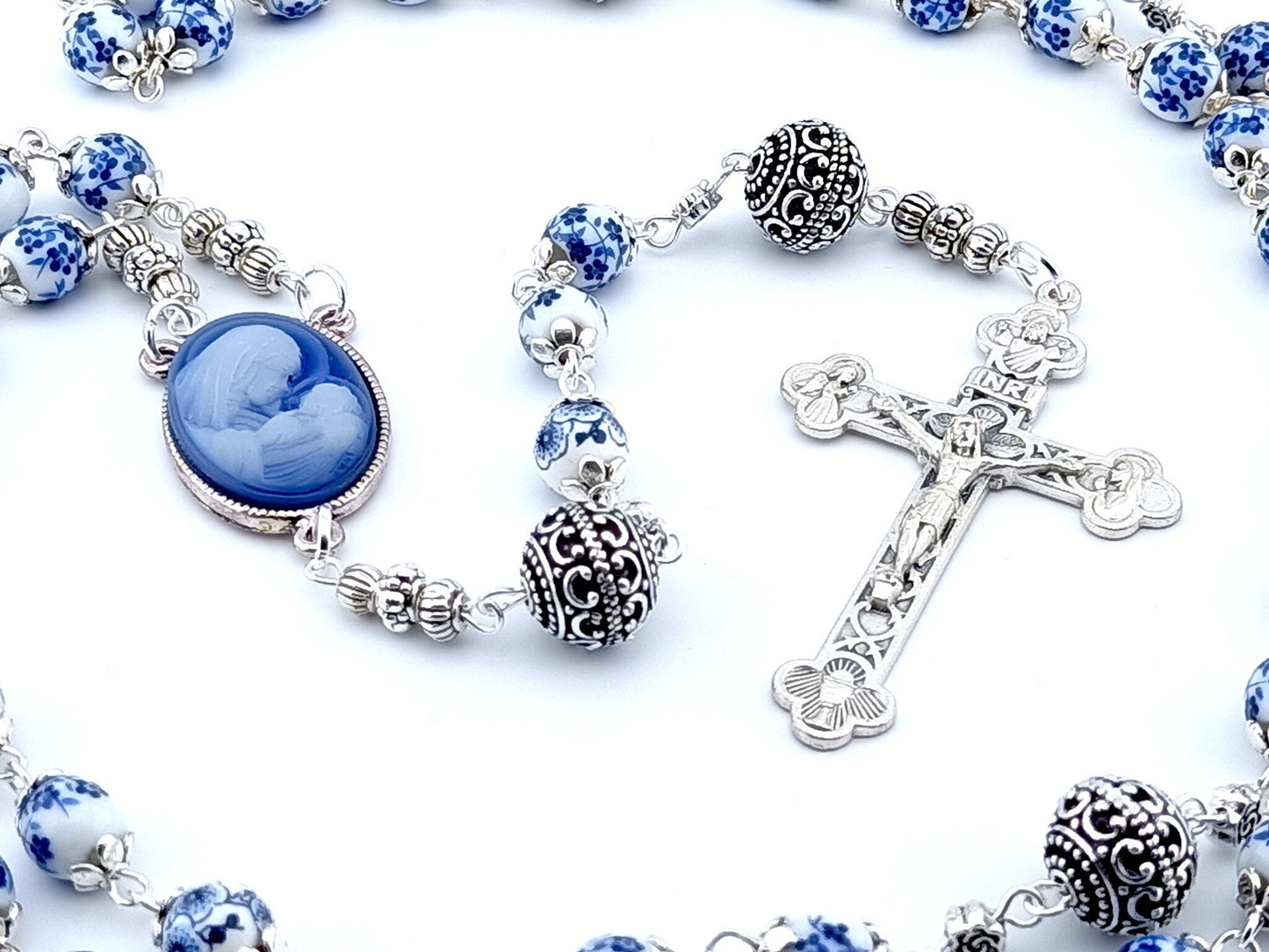 Virgin Mary and Child unique rosary beads with blue floral porcelain beads, silver pater beads, crucifix and cameo centre medal.