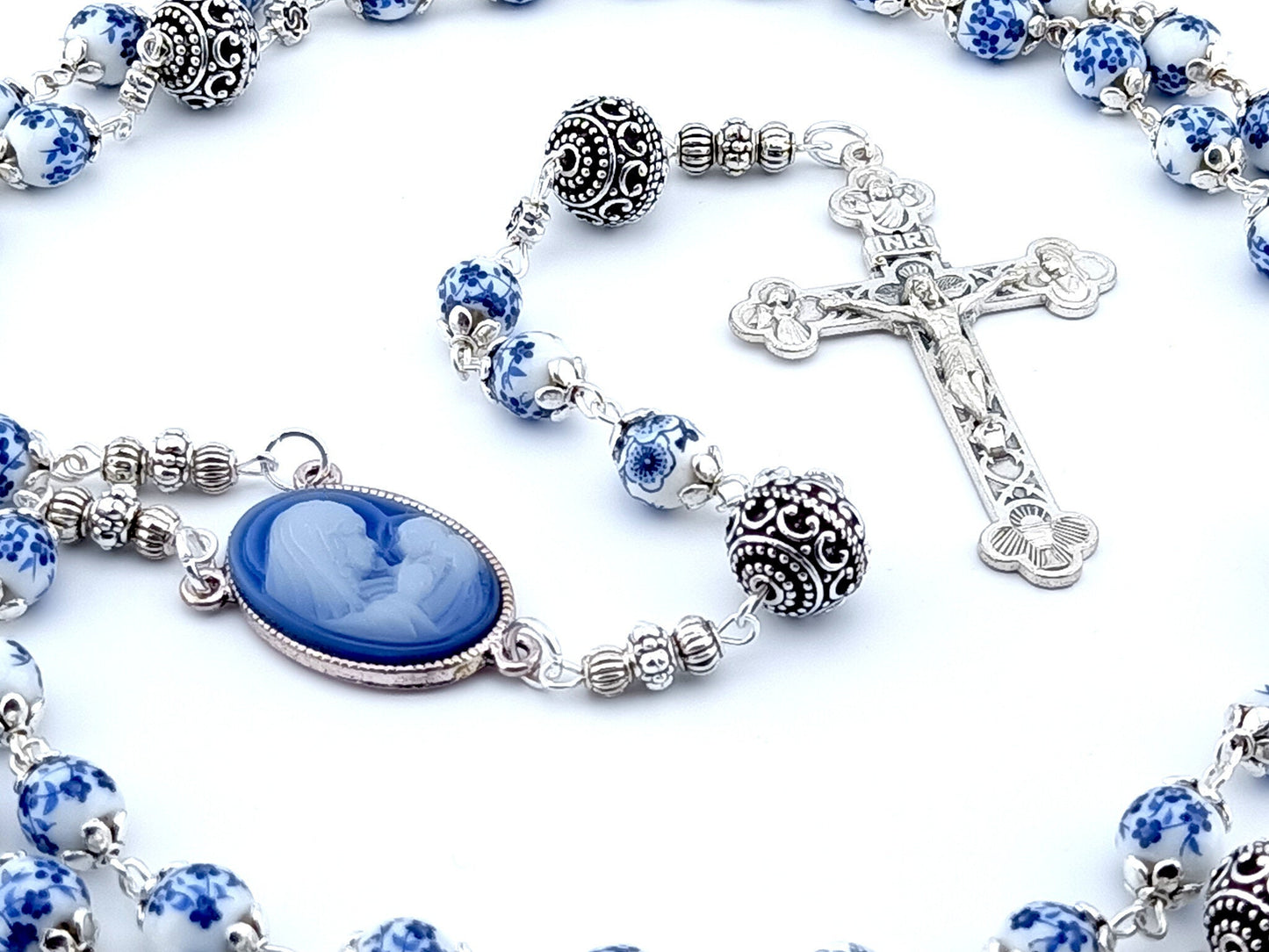 Virgin Mary and Child unique rosary beads with blue floral porcelain beads, silver pater beads, crucifix and cameo centre medal.