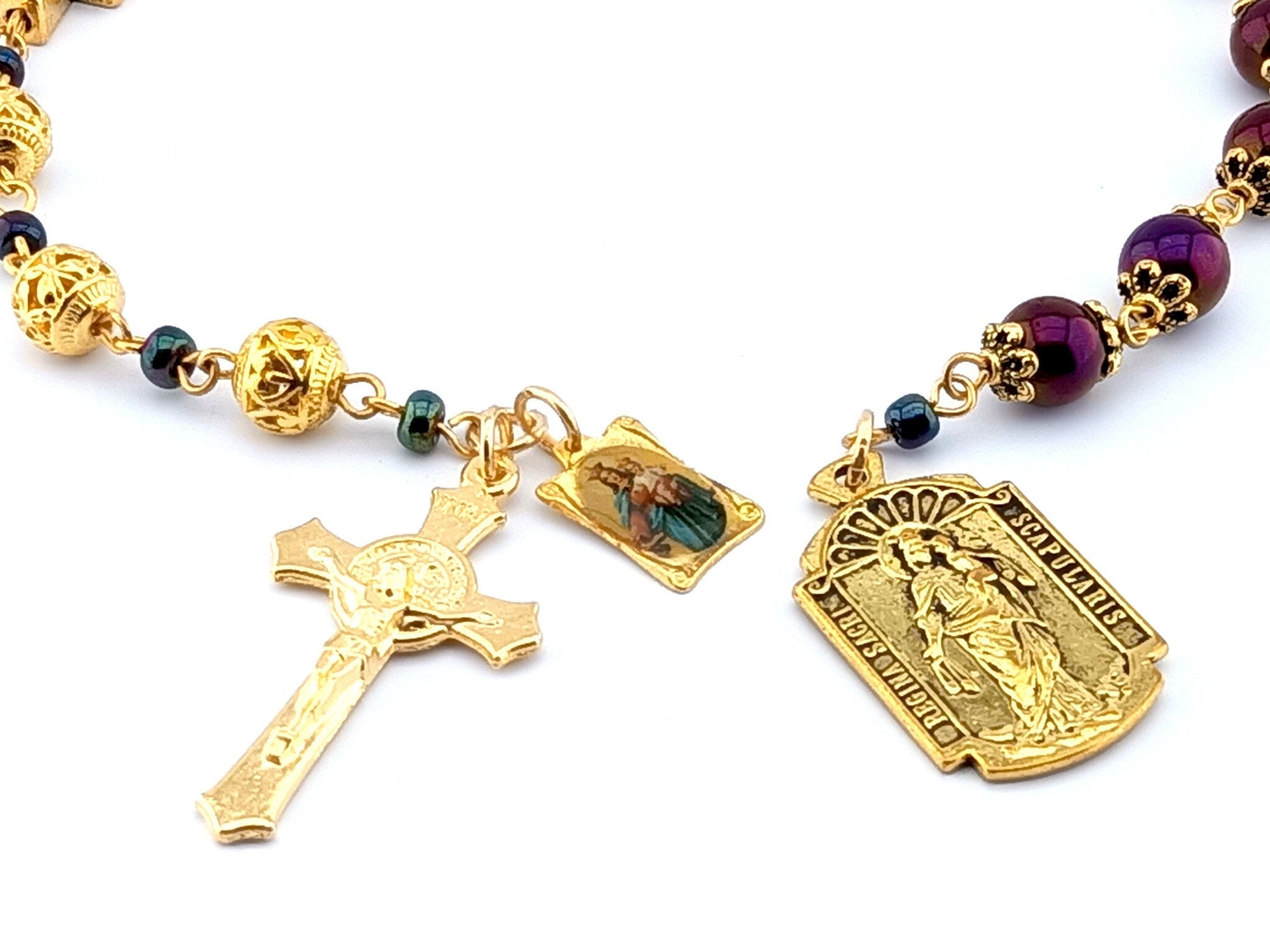 Our Lady of Sorrows unique rosary beads single servite dolor rosary with purple agate and golden beads, crucifix and Our Lady of Mount Carmel medals.
