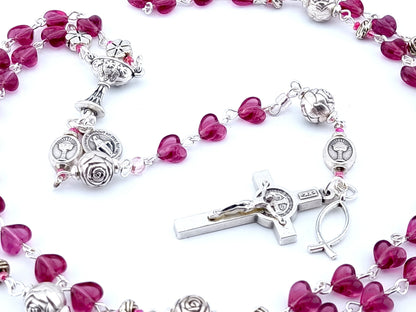 First Holy Communion unique rosary beads with purple heart glass beads, Saint benedict crucifix, silver rose pater beads and chalice centre medal.