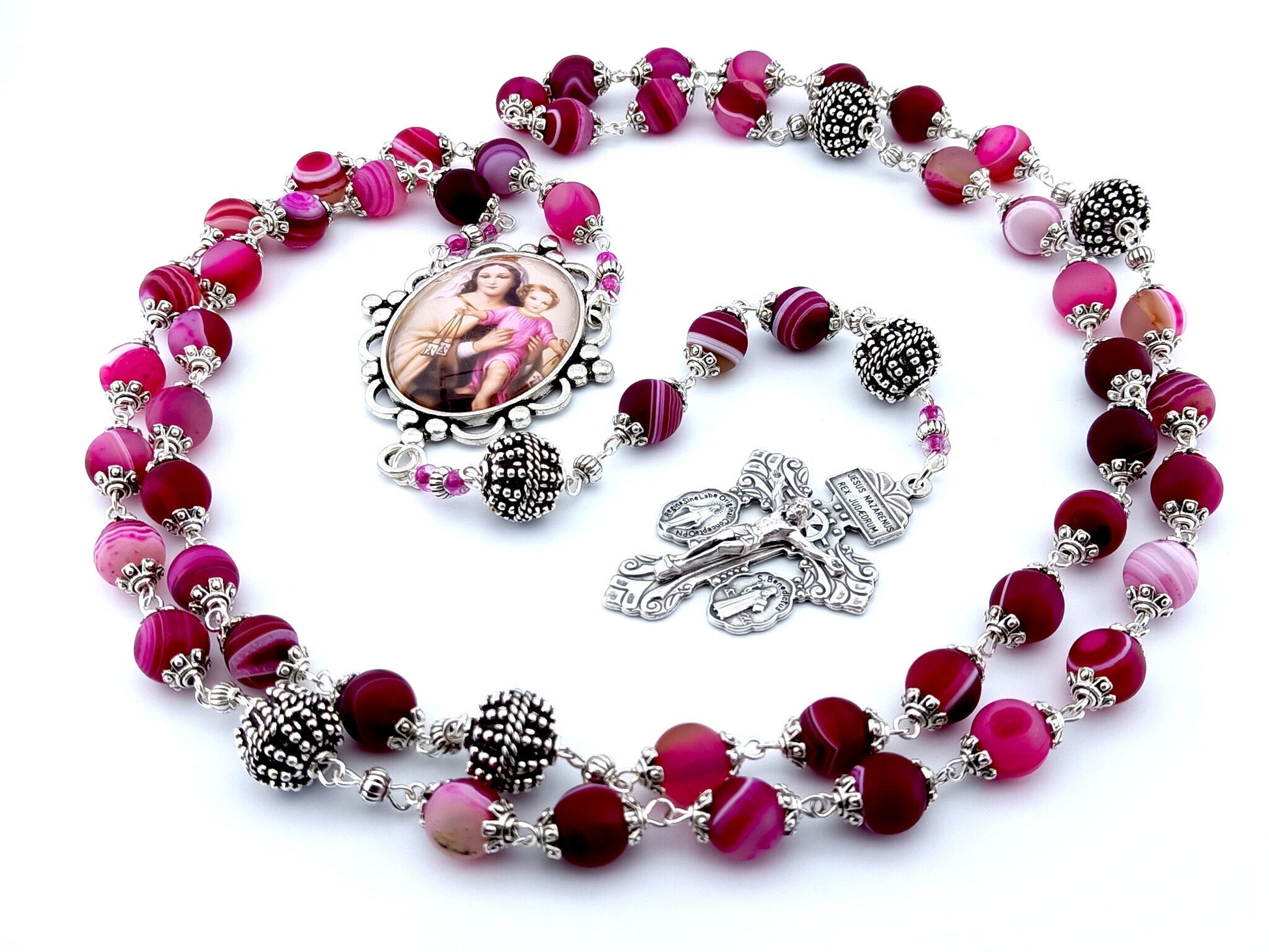 Our Lady of Mount Carmel unique rosary beads with purple agate gemstone beads, pardon crucifix, silver pater beads and picture centre medal.