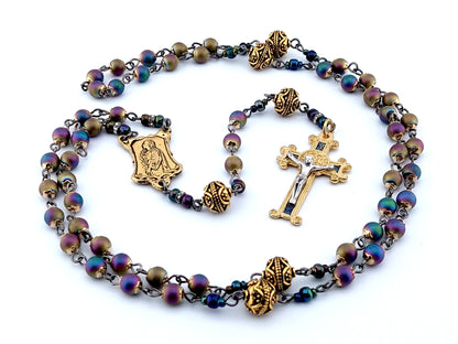 Saint Philomena and Saint John Vianney unique rosary beads with antique style petrol hematite beads, golden pater beads, crucifix and double sided centre medal.