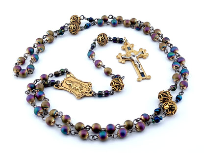Saint Philomena and Saint John Vianney unique rosary beads with antique style petrol hematite beads, golden pater beads, crucifix and double sided centre medal.