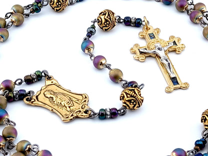 Saint Philomena and Saint John Vianney unique rosary beads with antique style petrol hematite beads, golden pater beads, crucifix and double sided centre medal.