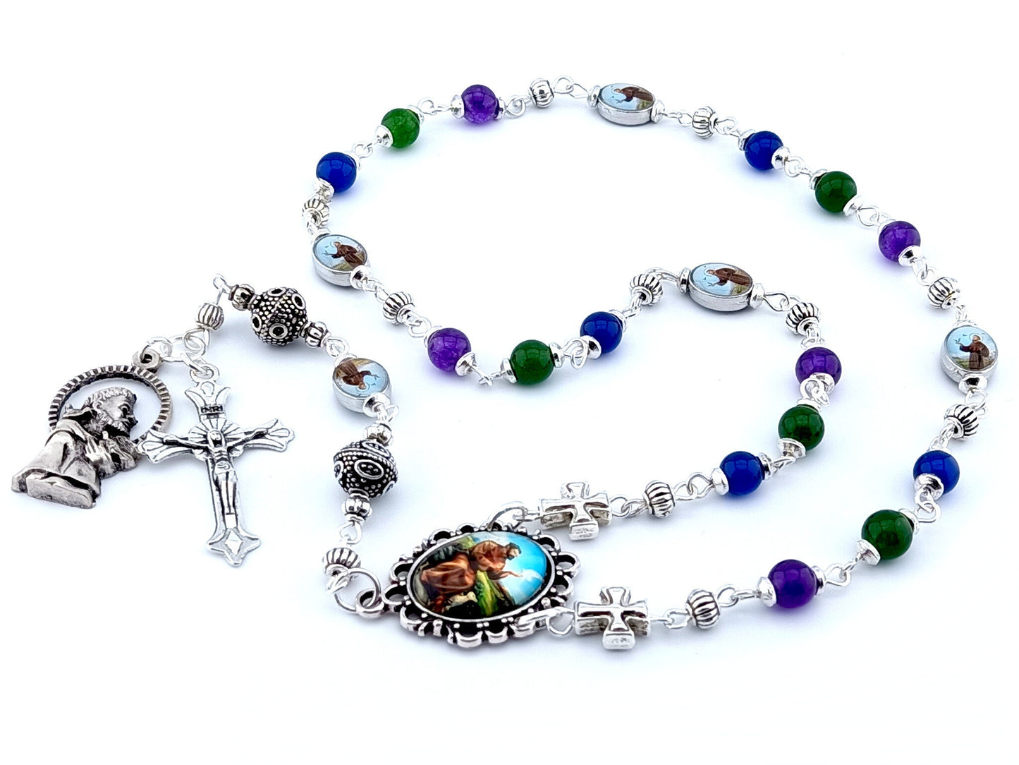 Saint Francis of Assisi unique rosary beads prayer chaplet with agate gemstone beads, silver crucifix, beads and picture medals.