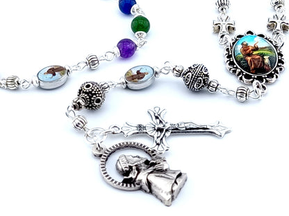 Saint Francis of Assisi unique rosary beads prayer chaplet with agate gemstone beads, silver crucifix, beads and picture medals.