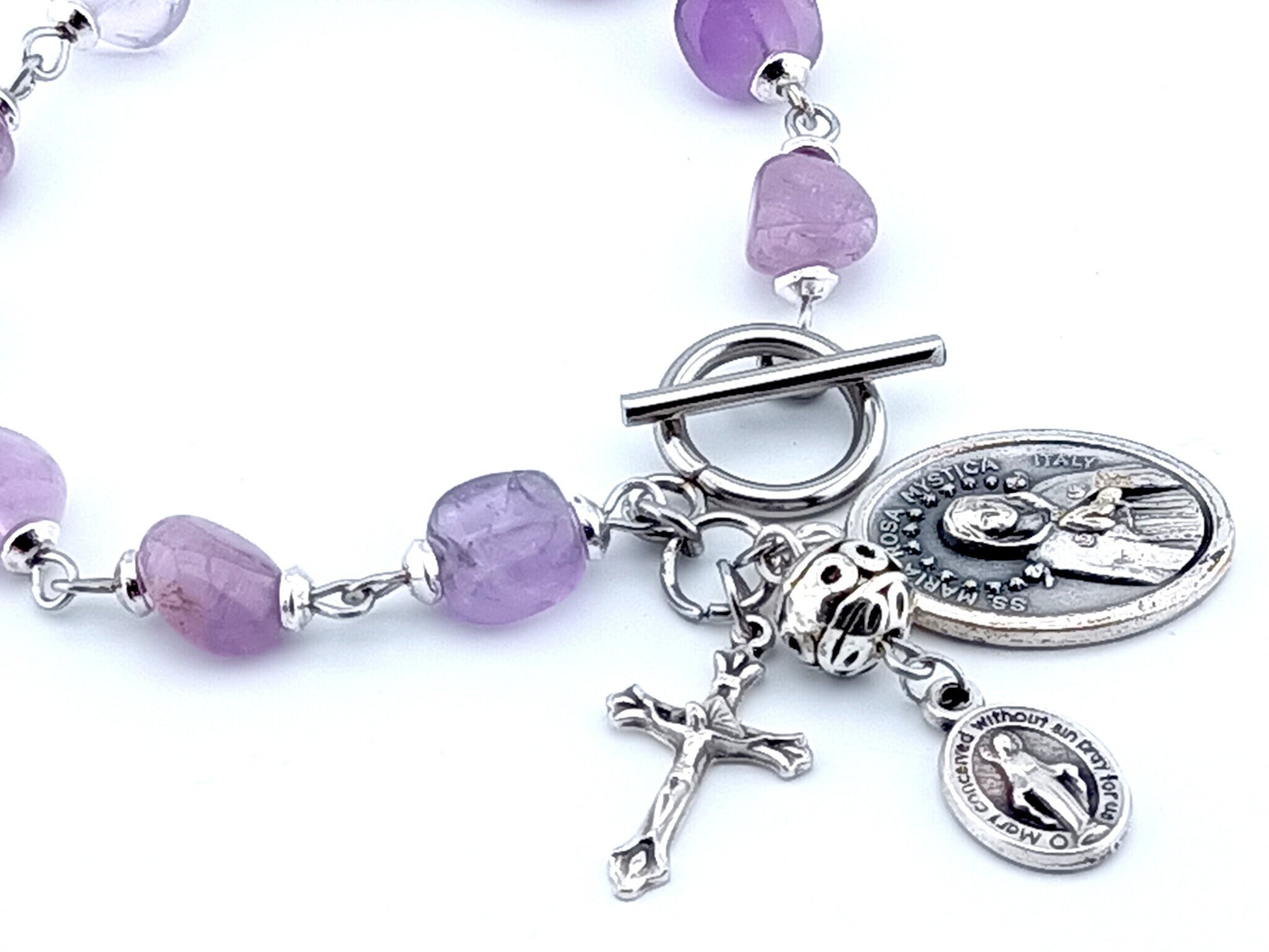 Maria Rosa Mystica unique rosary beads singel decade bracelet with lilac nugget agate gemstone beads, silver T bar clasp, crucifix, pater beads and medals.