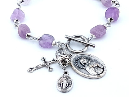 Maria Rosa Mystica unique rosary beads singel decade bracelet with lilac nugget agate gemstone beads, silver T bar clasp, crucifix, pater beads and medals.