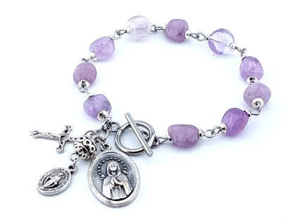 Maria Rosa Mystica unique rosary beads singel decade bracelet with lilac nugget agate gemstone beads, silver T bar clasp, crucifix, pater beads and medals.