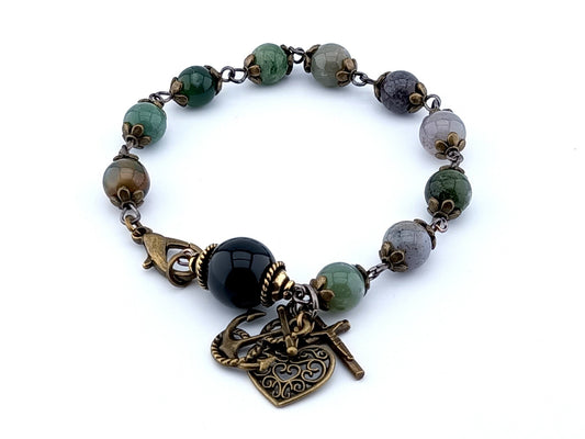 Faith Hope and Charity unique rosary beads single decade bracelet with gemstone and onyx beads, bronze bead caps, medals and lobster clasp.