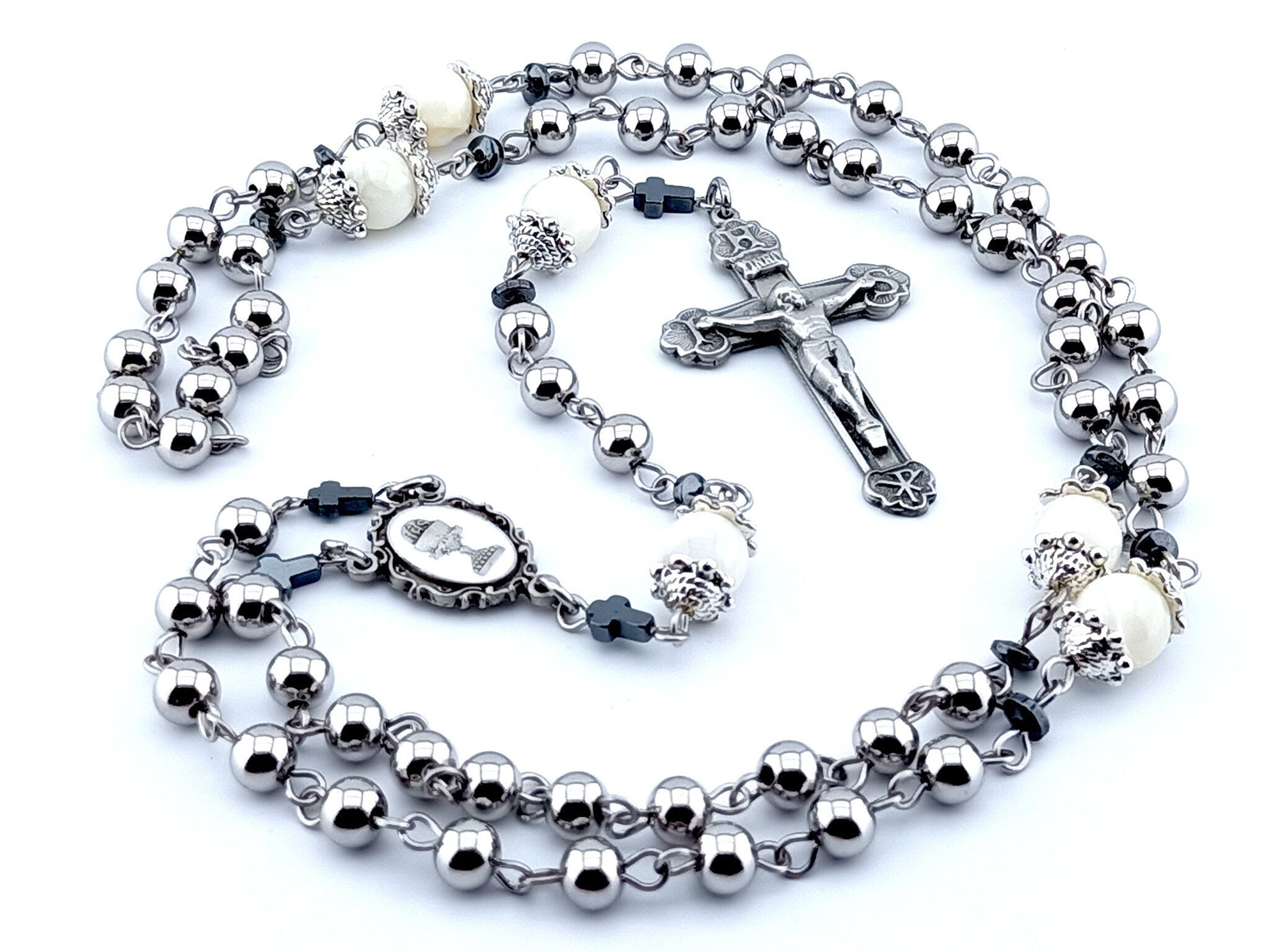 First Holy Communion unique rosary beads with stainless steel beads and wire, pewter crucifix and centre medal, mother of pearl pater beads and silver bead caps.