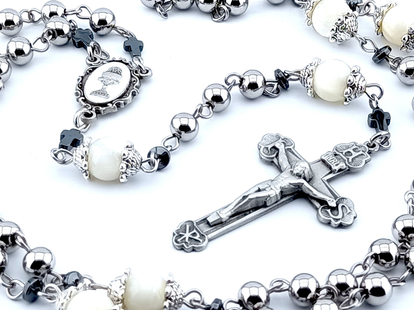 First Holy Communion unique rosary beads with stainless steel beads and wire, pewter crucifix and centre medal, mother of pearl pater beads and silver bead caps.