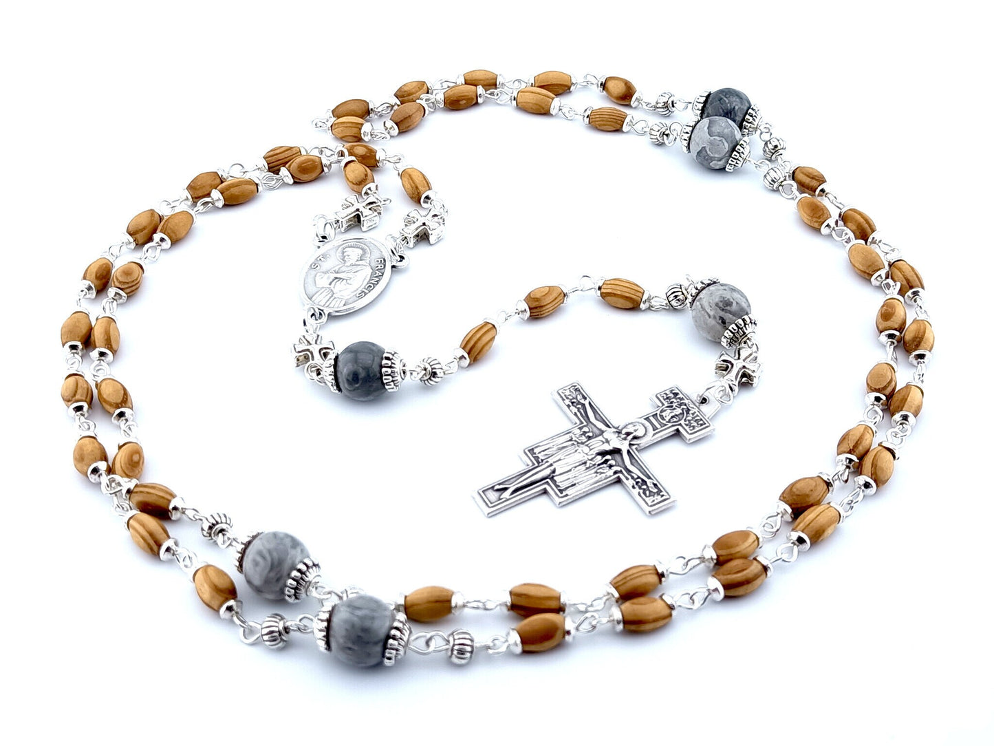 Saint Anthony and Saint Francis wood and gemstone rosary prayer beads with St Francis of Assisi crucifix.