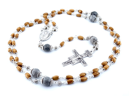 Saint Anthony and Saint Francis wood and gemstone rosary prayer beads with St Francis of Assisi crucifix.