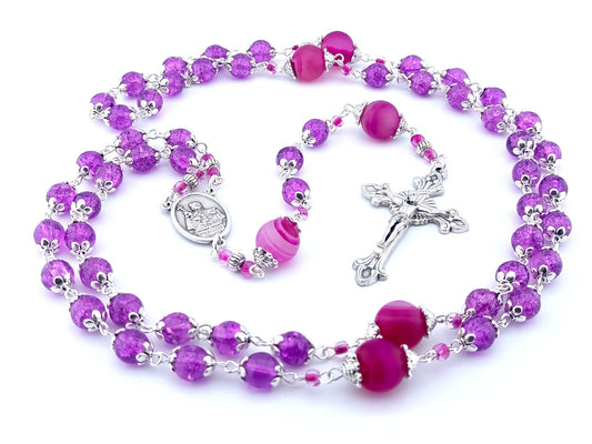 Saint Agatha unique rosary beads with pink glass and gemstone beads, silver crucifix and centre medal.
