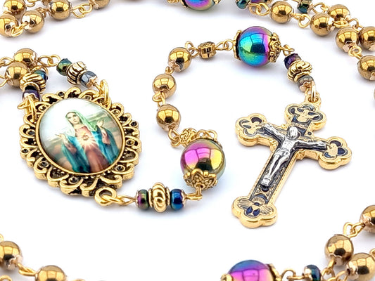Immaculate Heart of Mary unique rosary beads with gold hematite and petrol beads, gold and blue crucifix and picture centre medal.