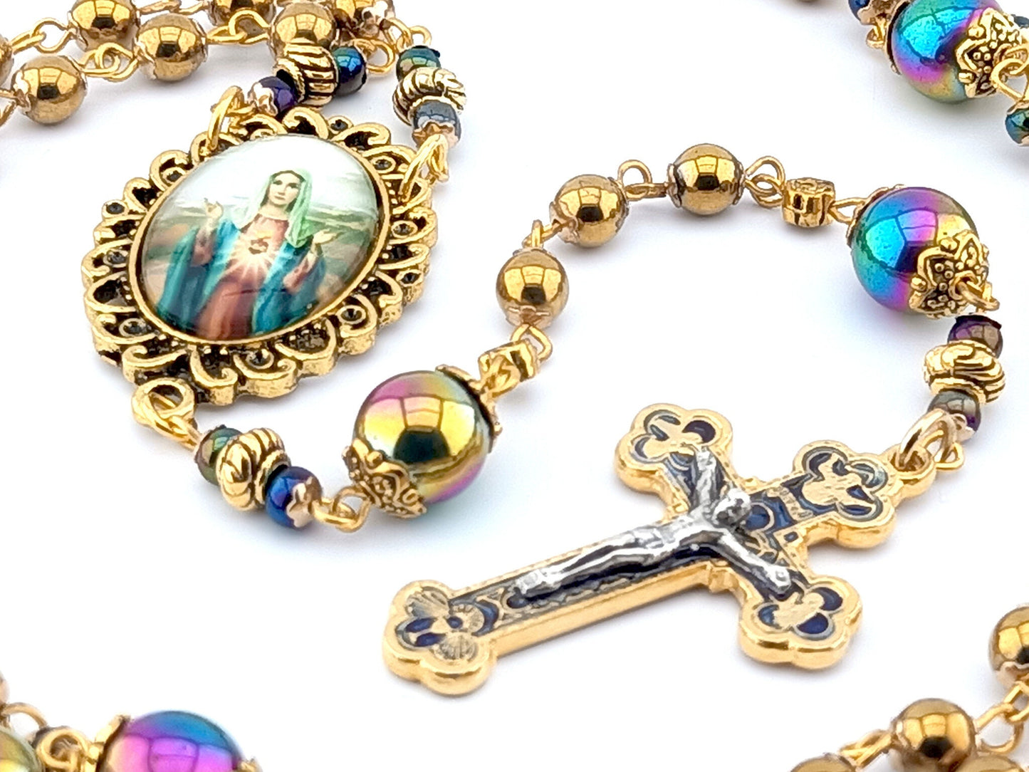 Immaculate Heart of Mary unique rosary beads with gold hematite and petrol beads, gold and blue crucifix and picture centre medal.