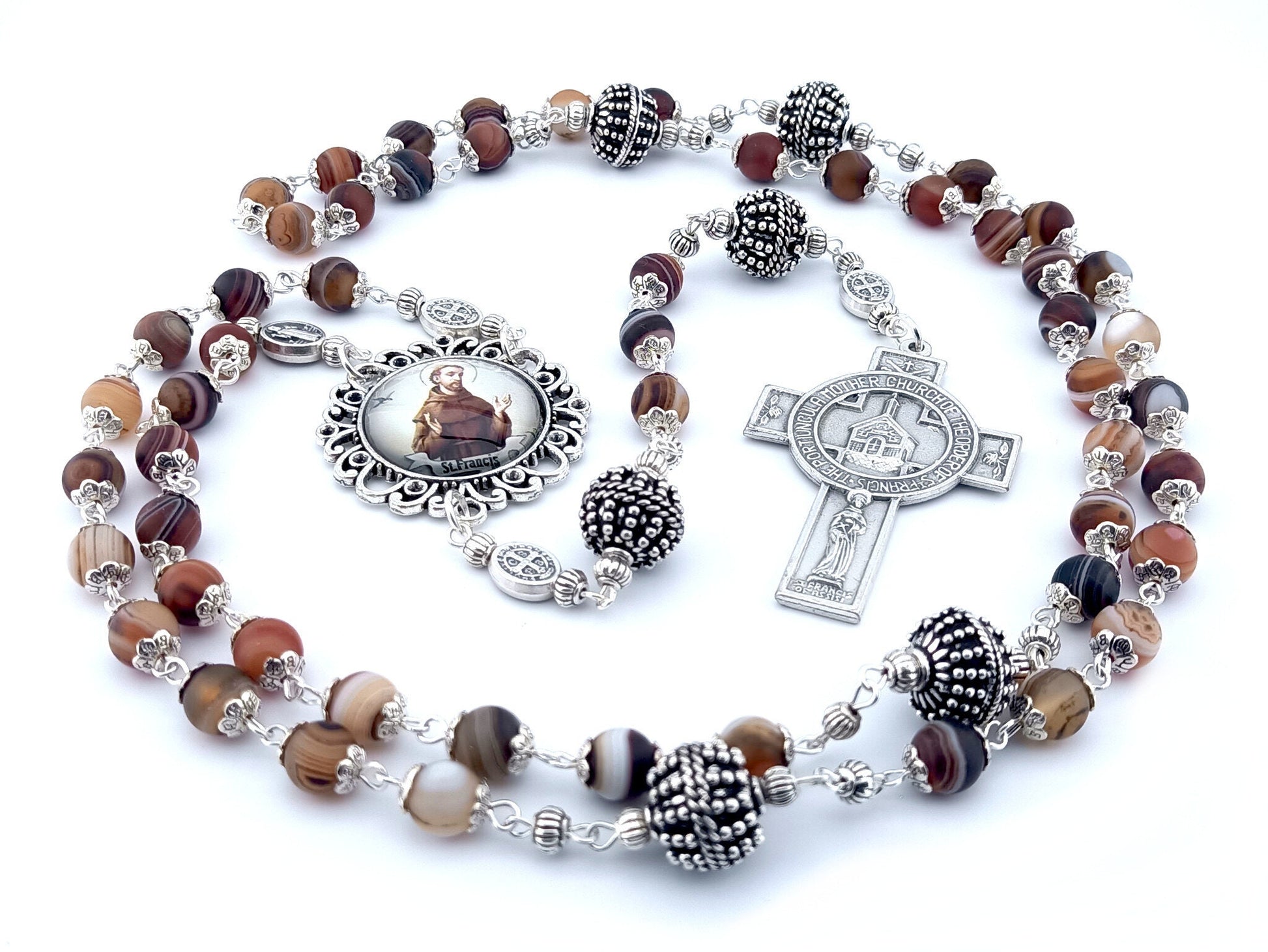 Saint Francis of Assisi unique rosary beads with brown agate gemstone beads, silver pater beads, Portiuncula Mother church cross and picture centre medal.